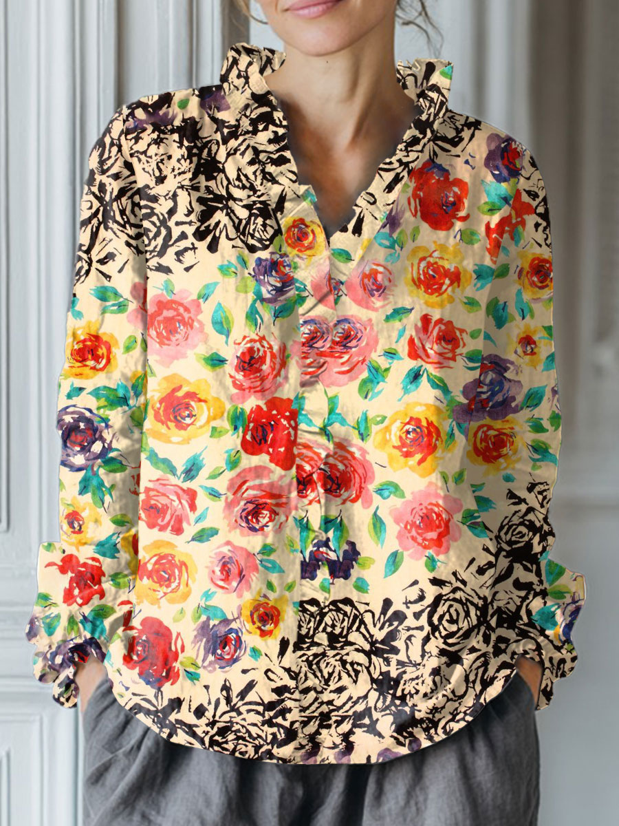 Women's Vintage Flower Art Print Casual Cotton And Linen Ruffle Shirt