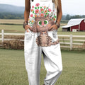 Women's Lovely Cat Floral Pattern Art Print Casual 100% Cotton Wide Leg Jumpsuit