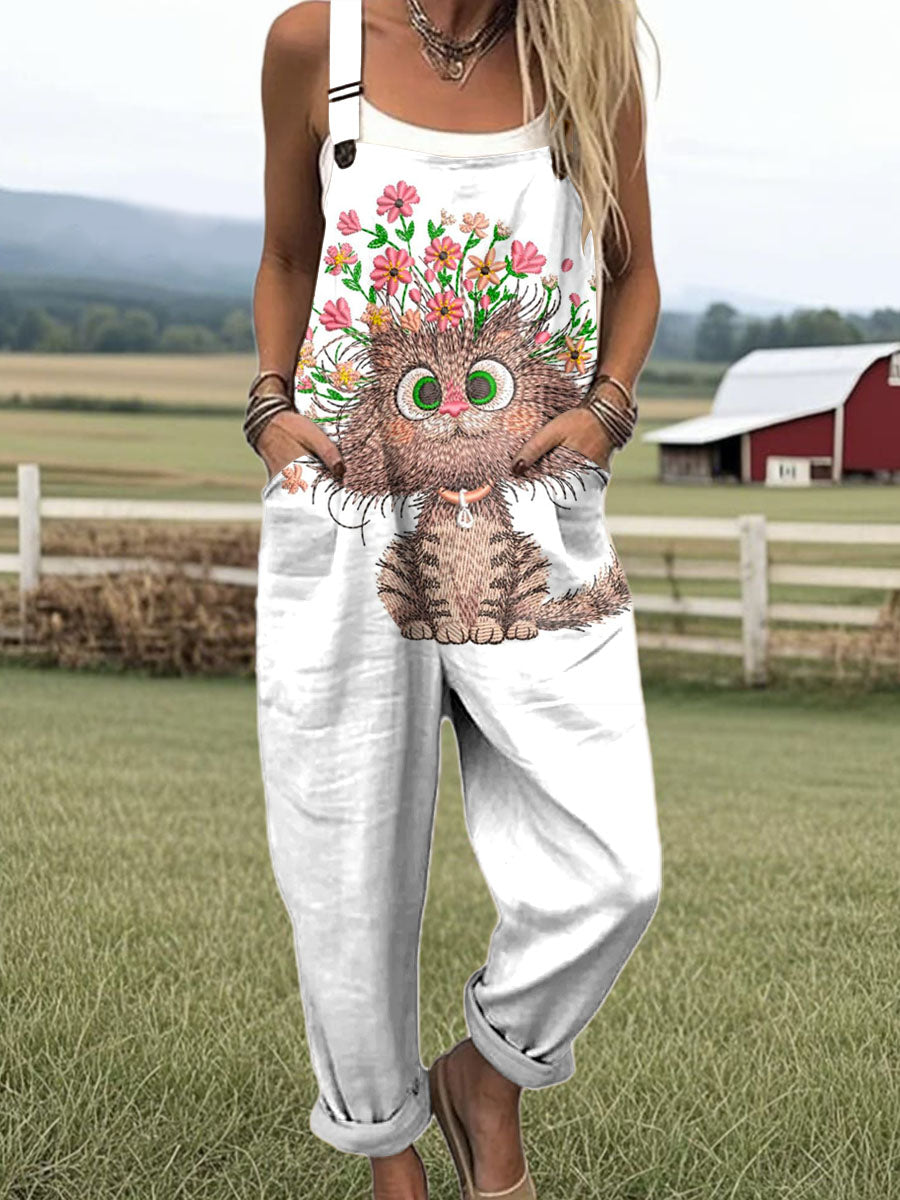 Women's Lovely Cat Floral Pattern Art Print Casual 100% Cotton Wide Leg Jumpsuit