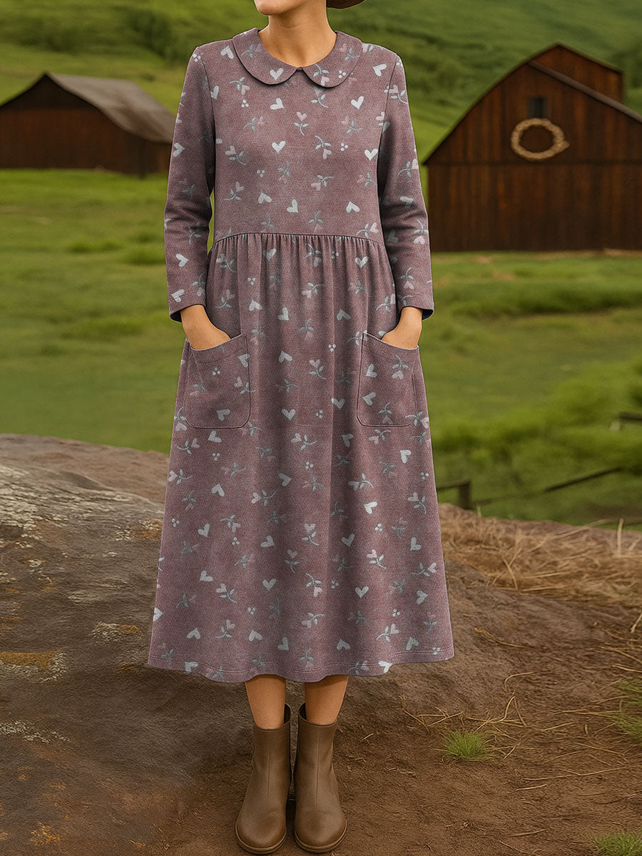 Women's Retro Purple Little Flower Print Cotton Lapel Button-Down Shirt Dress