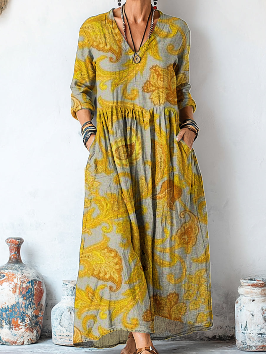 Women's Vintage Ethnic Paisley Art Print Linen Pocket Tunic Dress