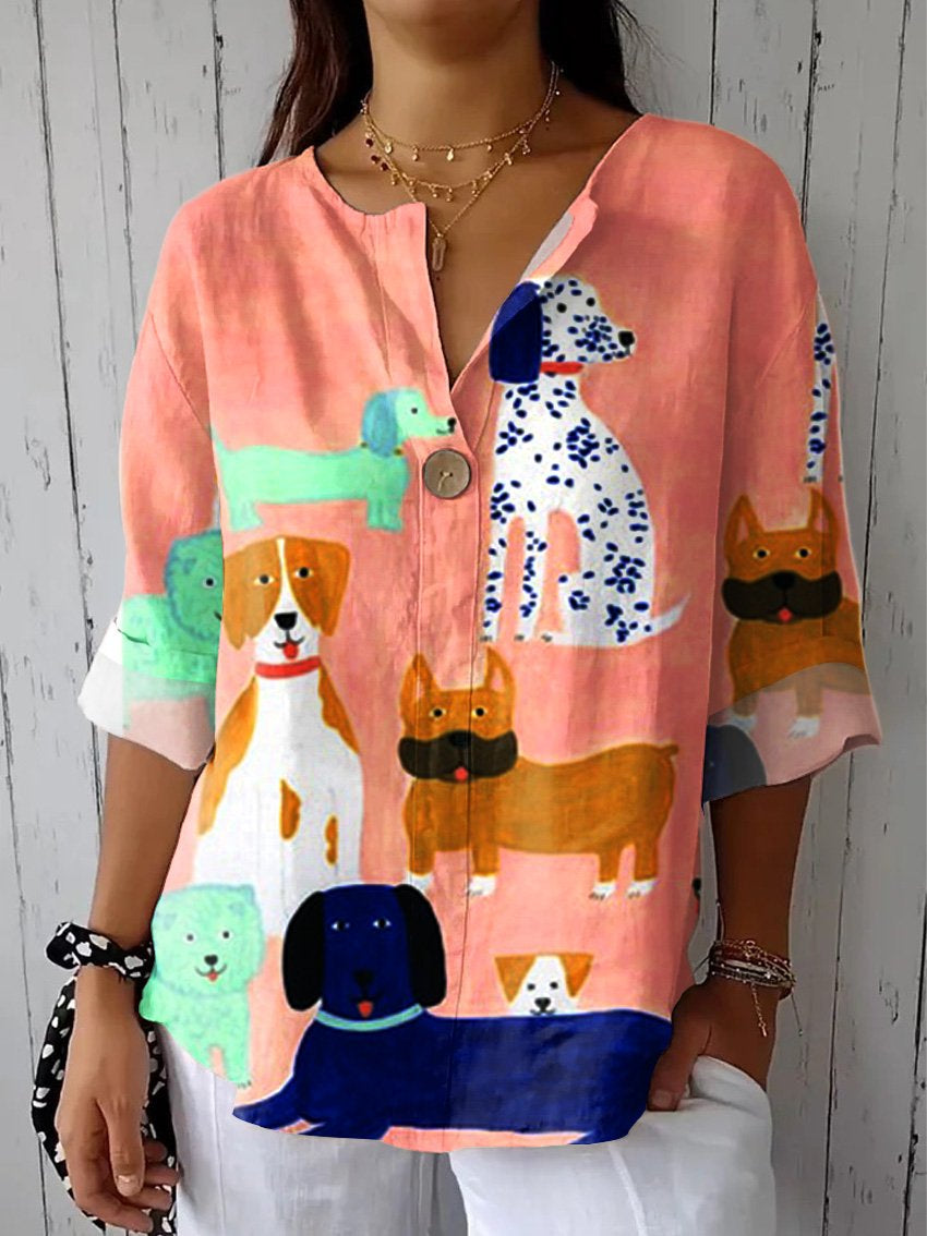 Women's Dog Art Print  Casual Cotton Linen Shirt
