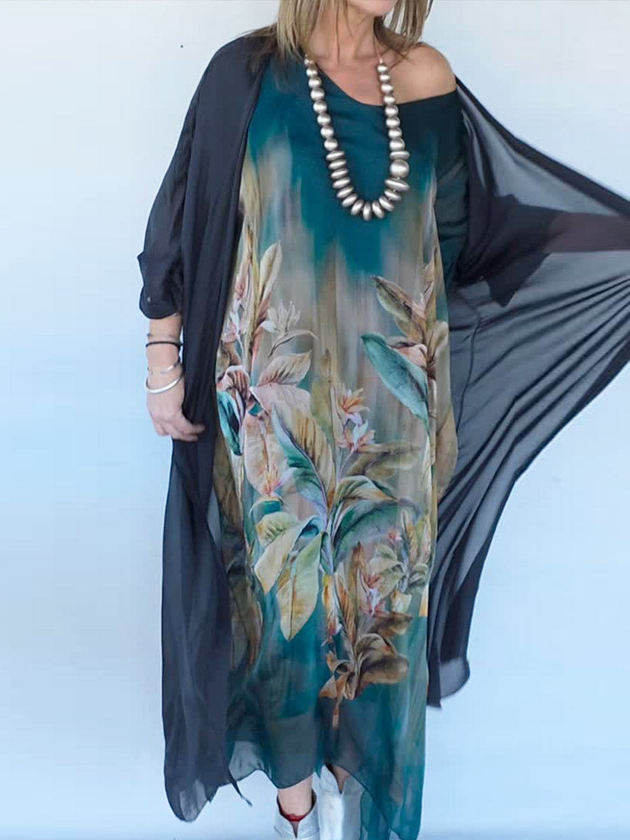 Women's V-neck Short Sleeve Abstract Positioning Print Casual Dress Solid Color Casual Long Sleeve Chiffon Set