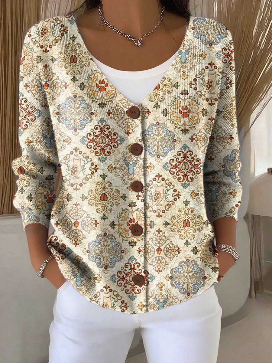 Retro Pattern Loop Print Buttoned V-neck Cardigan Sweater