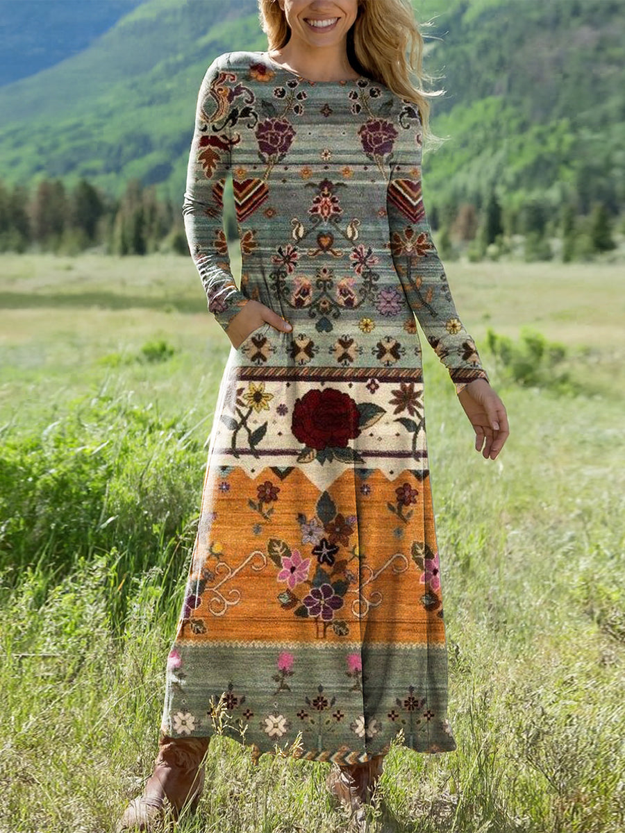 Women's Vintage Ethnic Floral Geometric Stripe Art Print Long-sleeved V-neck Dress