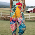 Women's Lovely Chicken Art Print Casual 100% Cotton Wide Leg Jumpsuit