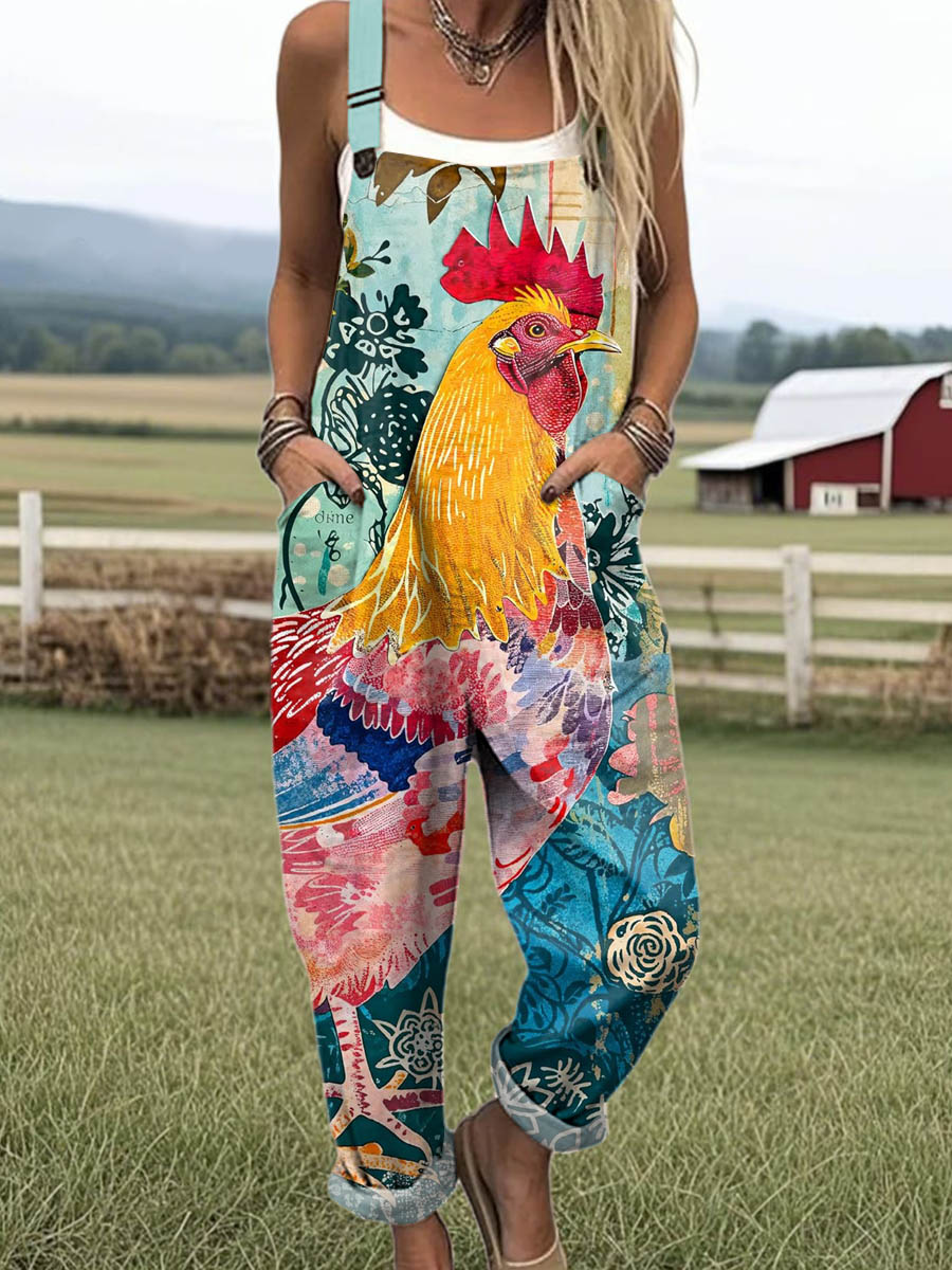 Women's Lovely Chicken Art Print Casual 100% Cotton Wide Leg Jumpsuit
