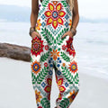 Women's Vintage Flower Art Print Casual 100% Cotton Wide Leg Jumpsuit