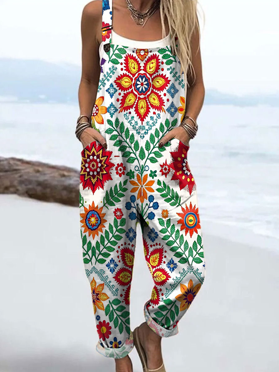 Women's Vintage Flower Art Print Casual 100% Cotton Wide Leg Jumpsuit