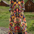 Women's Vintage Floral Art Print Pocket V-neck Cotton Dress