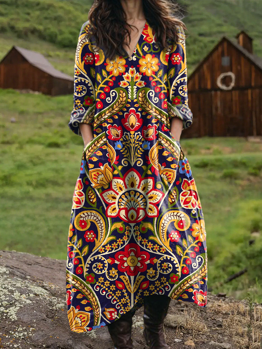 Women's Vintage Floral Art Print Pocket V-neck Cotton Dress