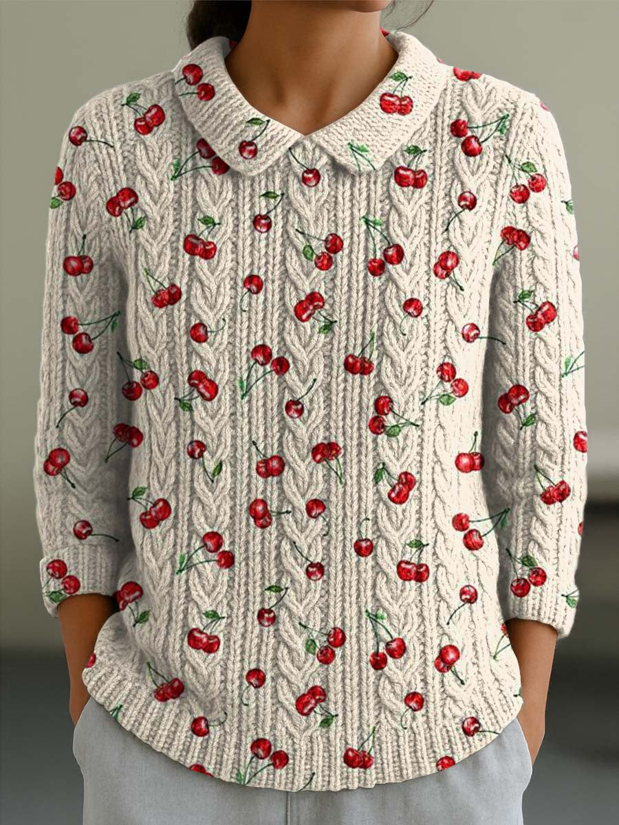 womens-lovely-cherry-art-print-casual-peter-pan-collar-3-4-sleeve-sweater