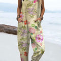 Women's  Vintage Flowers Art Print Casual 100% Cotton Wide Leg Jumpsuit