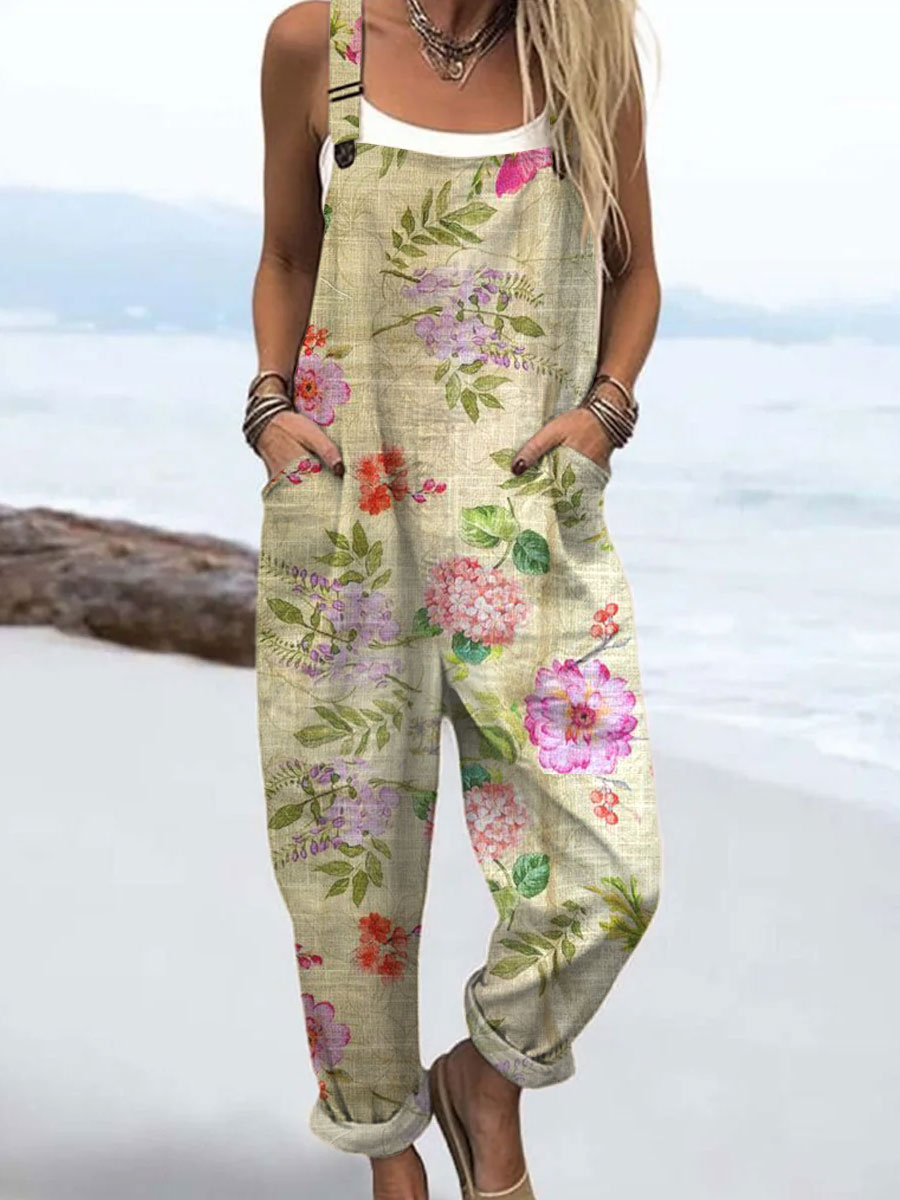 Women's  Vintage Flowers Art Print Casual 100% Cotton Wide Leg Jumpsuit