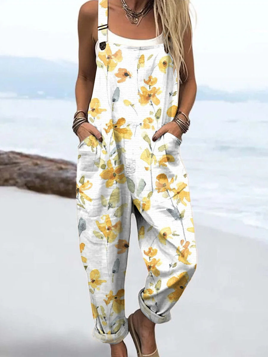 Women's Yellow Art Autumn Flowers Print Casual 100% Cotton Wide Leg Jumpsuit