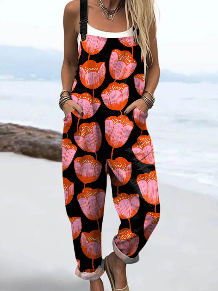 Women's Lovely Floral Pattern Art Print Casual 100% Cotton Wide Leg Jumpsuit