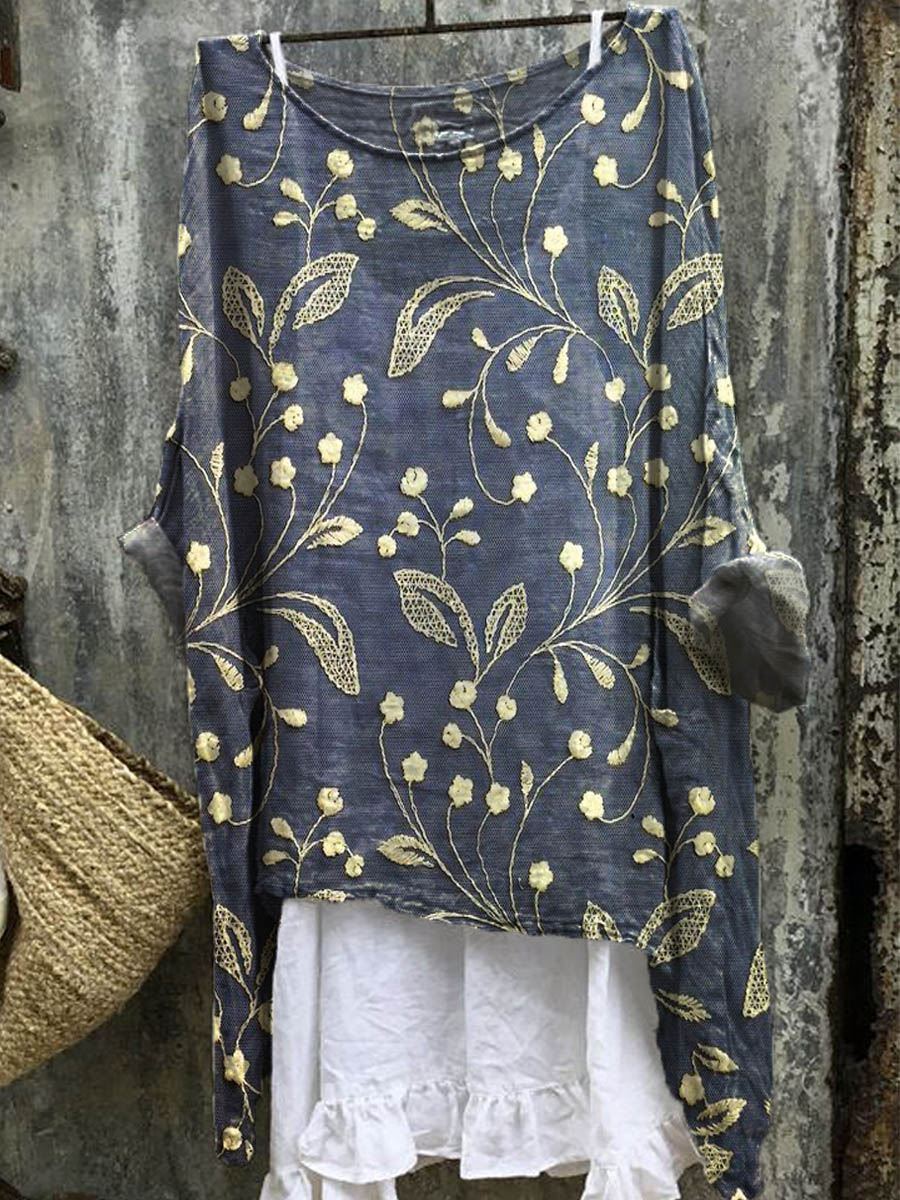 Women's Vintage Floral Art Print Casual Linen Cotton Pullover Top