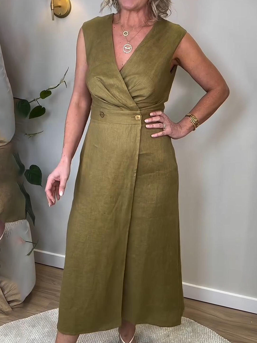 Women's Elegant Button V-Neck Linen Dress