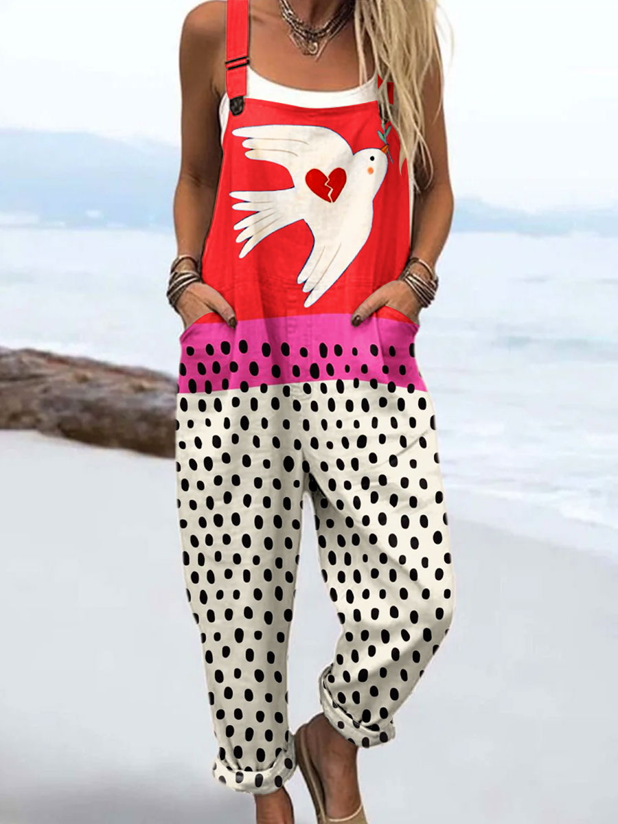 Women's Abstract Geometric Bird Art Print Casual 100% Cotton Wide Leg Jumpsuit