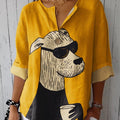 Women's Dog Art Print  Casual Cotton Linen Shirt