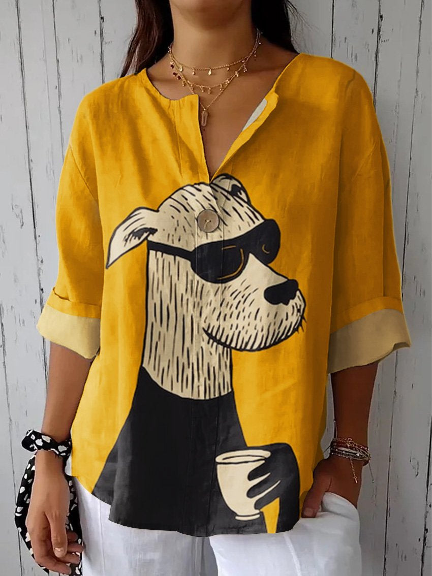 Women's Dog Art Print  Casual Cotton Linen Shirt