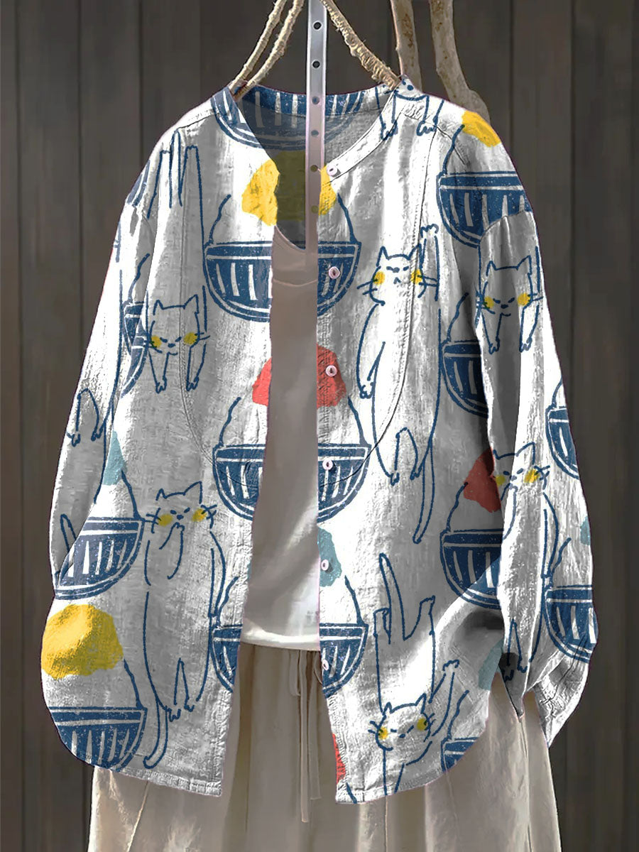 Women's Basket And Cat Print Casual Cotton And Linen Ruffle Shirt