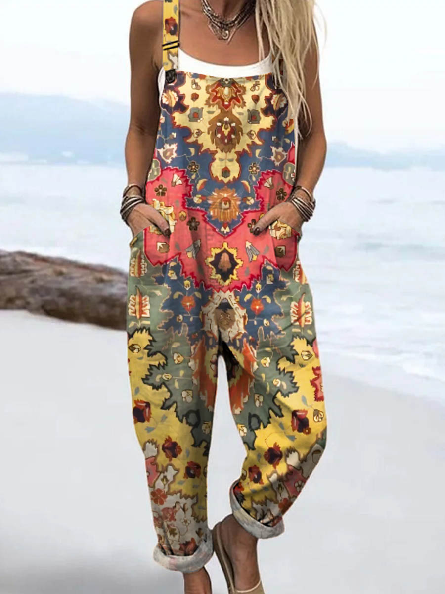 Women's Vintage Floral Pattern Art Print Casual 100% Cotton Wide Leg Jumpsuit