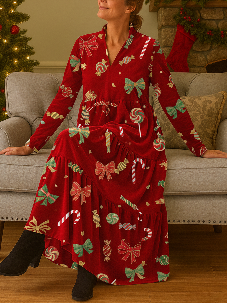 Women's Cute Candy Bow Print Velvet V-neck Midi Dress