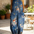Women's Art Flower Print Casual Denim Jumpsuit