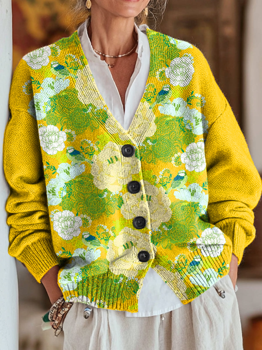 beautiful-large-flower-painting-art-print-buttoned-v-neck-cardigan-sweater