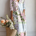 Women's Beautiful Rose Floral Check Painting Art Print Linen Pocket Dress