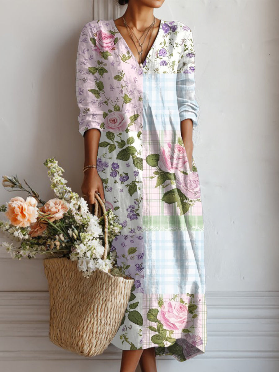 Women's Beautiful Rose Floral Check Painting Art Print Linen Pocket Dress