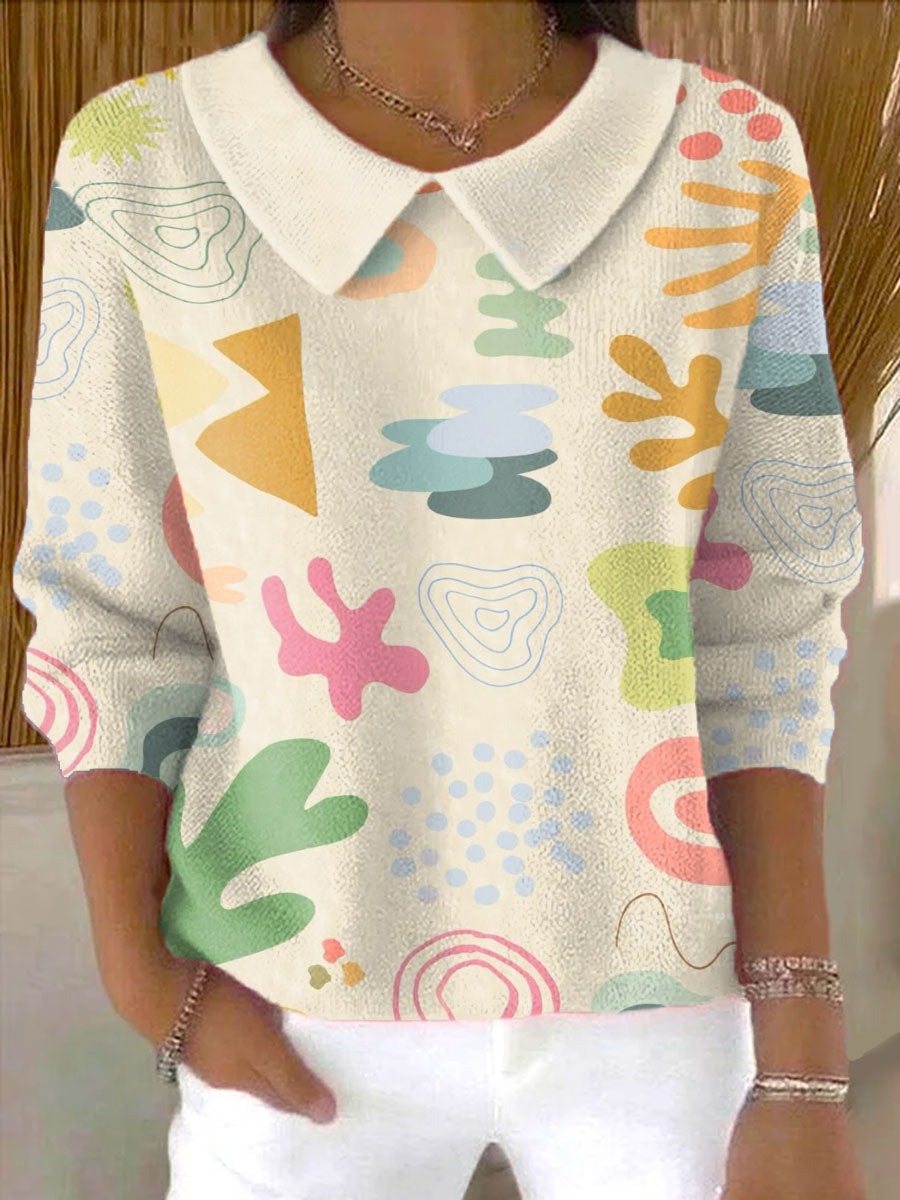 womens-color-multiple-image-mixing-pattern-casual-peter-pan-collar-3-4-sleeve-sweater