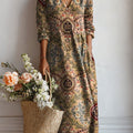 Women's Vintage Flower Art Print Linen Pocket Dress