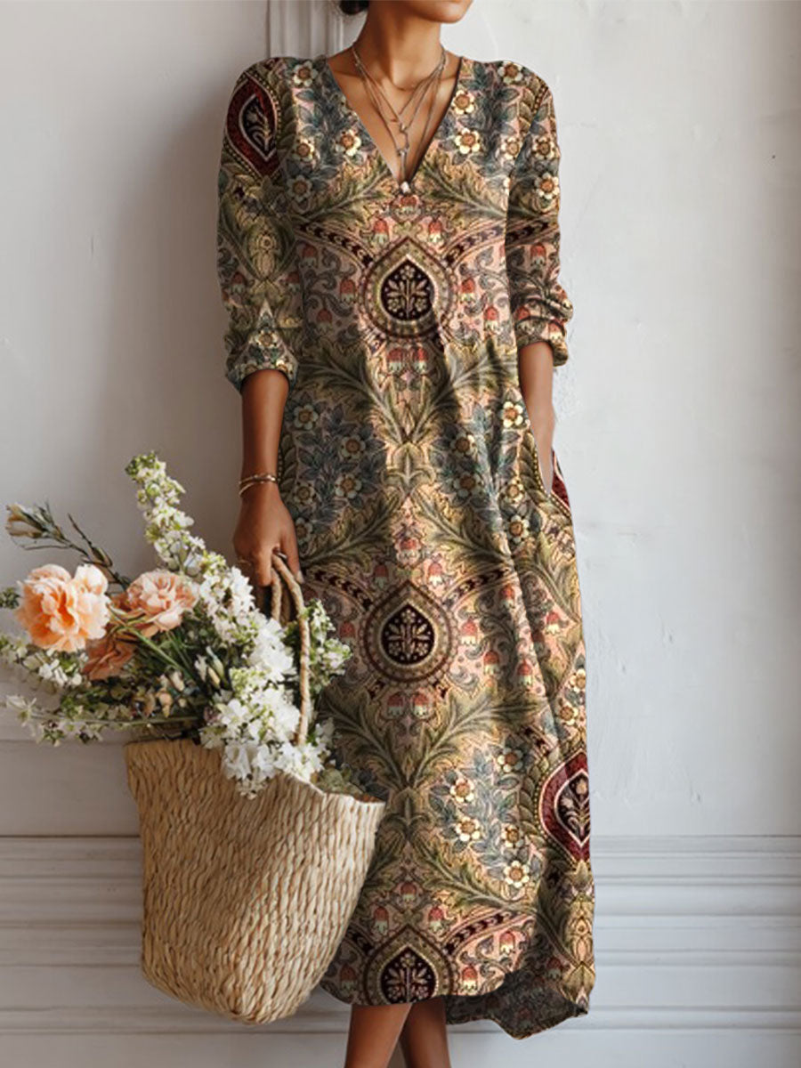 Women's Vintage Flower Art Print Linen Pocket Dress