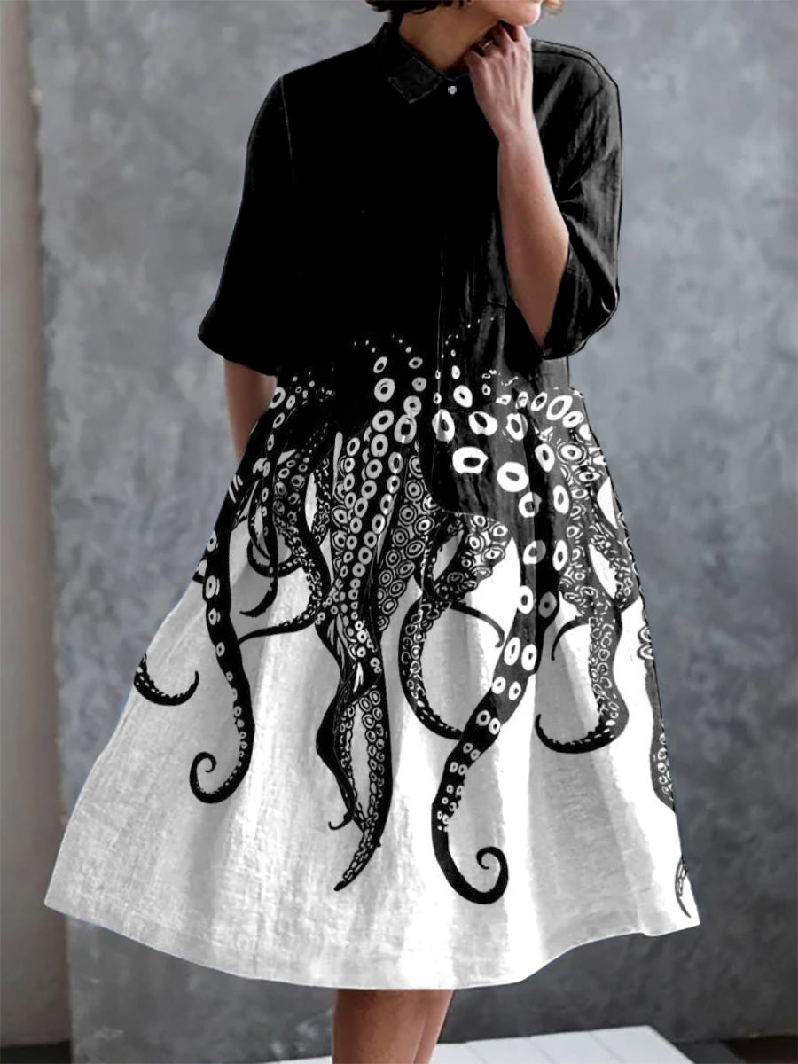 Vintage Octopus Print Casual Elegant Pocket Half Sleeve Dress