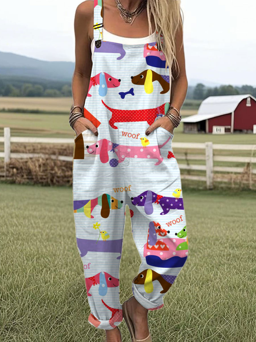 Women's  Funny Dachshund  Art Print Casual 100% Cotton Wide Leg Jumpsuit
