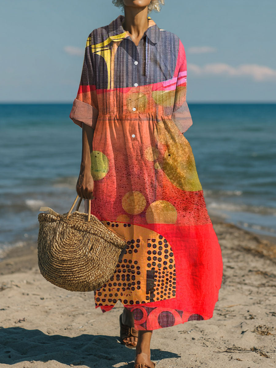 Women's Vintage Abstract Geometry Art Print Pleated Casual Dress