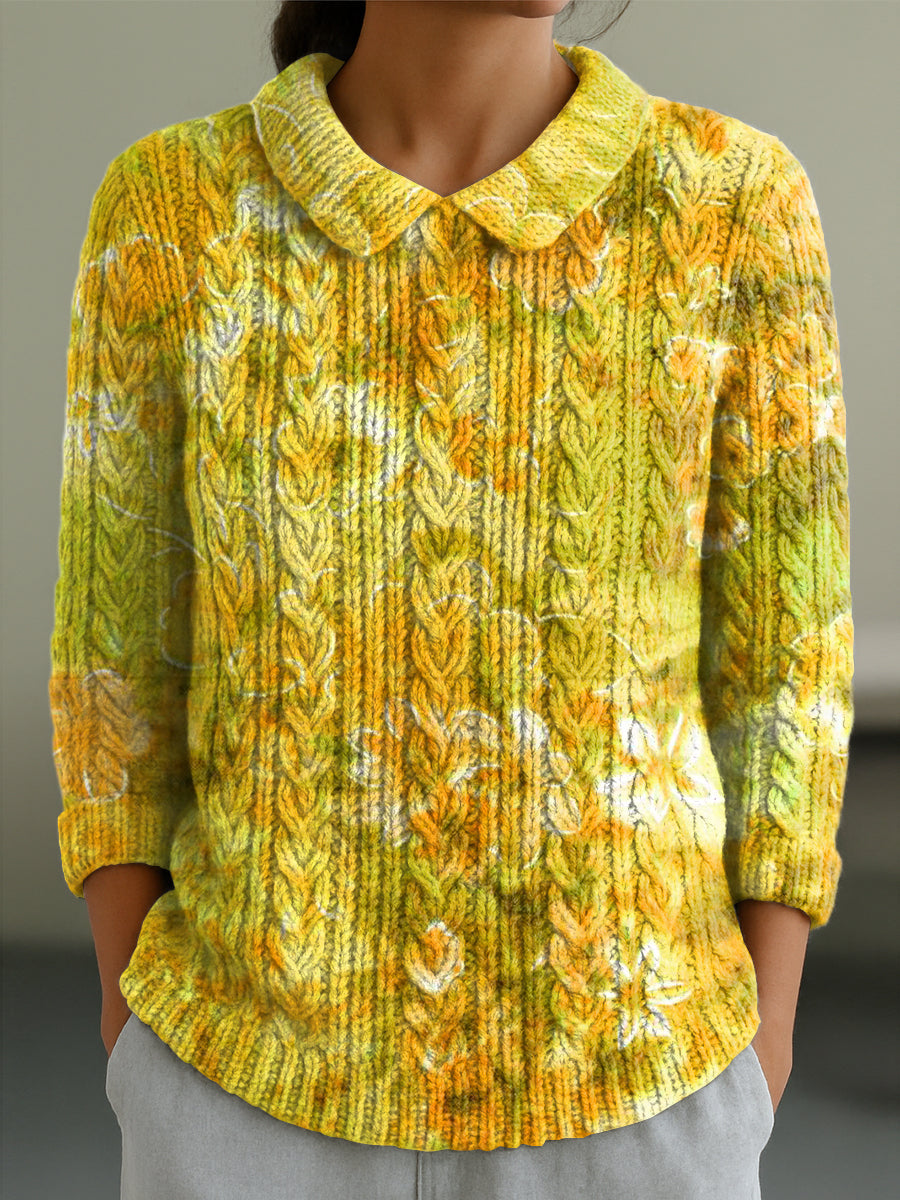 womens-vintage-autumn-floral-painting-art-print-casual-peter-pan-collar-3-4-sleeve-sweater