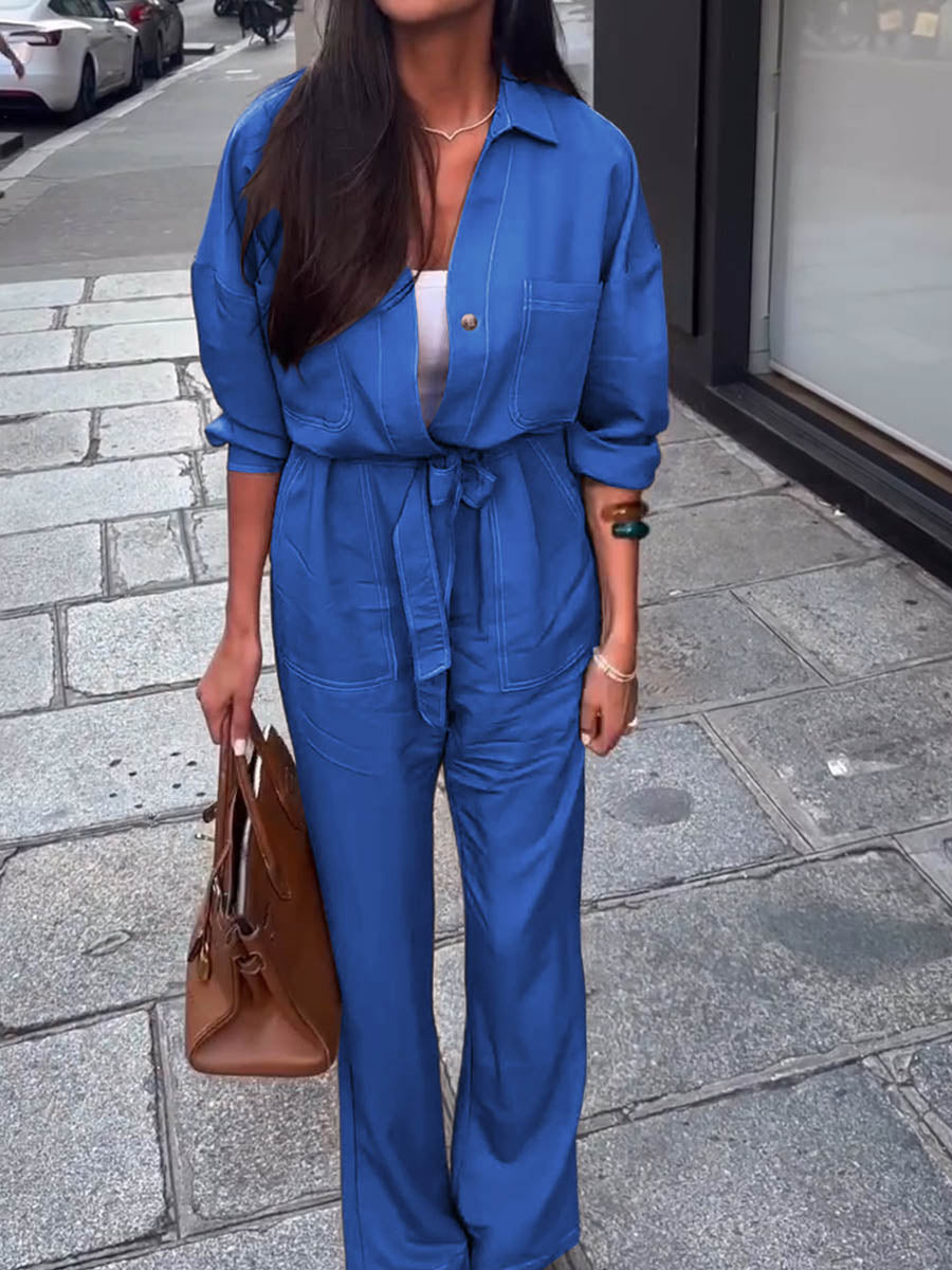 Women's Solid Color Lapel Long Sleeve Casual Loose Lace-up Cotton and Linen Wide-leg Jumpsuit