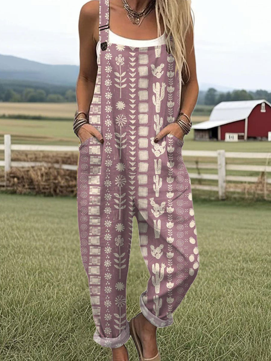 Women's  Vintage Abstract Geometric Art Print Casual 100% Cotton Wide Leg Jumpsuit