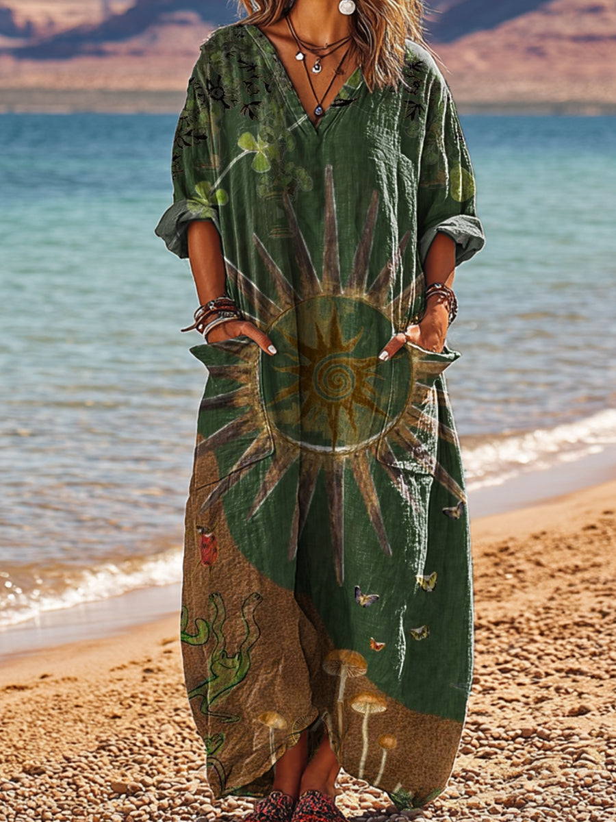 Women's Vintage Abstract Sun Painting Art Print Pocket V-neck Cotton Dress
