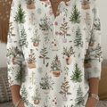 Vintage Potted Christmas Tree Print Henley Neck Sweater Top