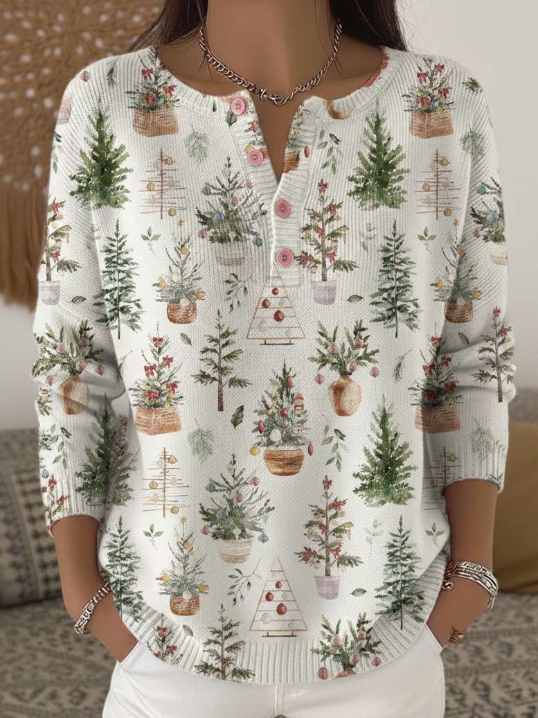 Vintage Potted Christmas Tree Print Henley Neck Sweater Top