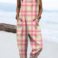 Women's Pink Art Stripes And Checks Print Casual 100% Cotton Wide Leg Jumpsuit