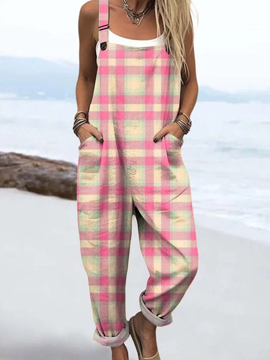 Women's Pink Art Stripes And Checks Print Casual 100% Cotton Wide Leg Jumpsuit