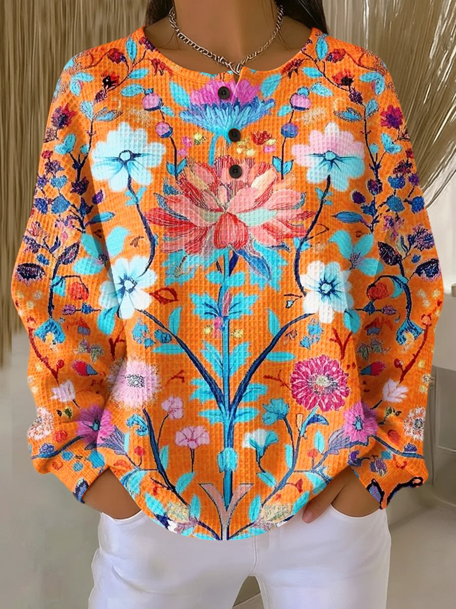 Women's Beautiful Colorful Ethnic Floral Painting Art Print Casual Waffle Henry Collar Sweatshirt