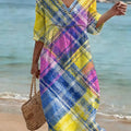 Bohemian-style Color-block Plaid Art Print Cotton-linen Dress