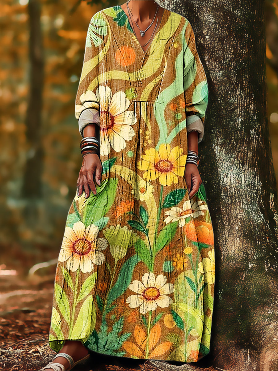 Women's Vintage Abstract Big Sunflower Corrugated Painting Art Print Dress