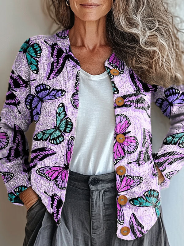 colorful-butterfly-print-buttoned-cardigan-sweater